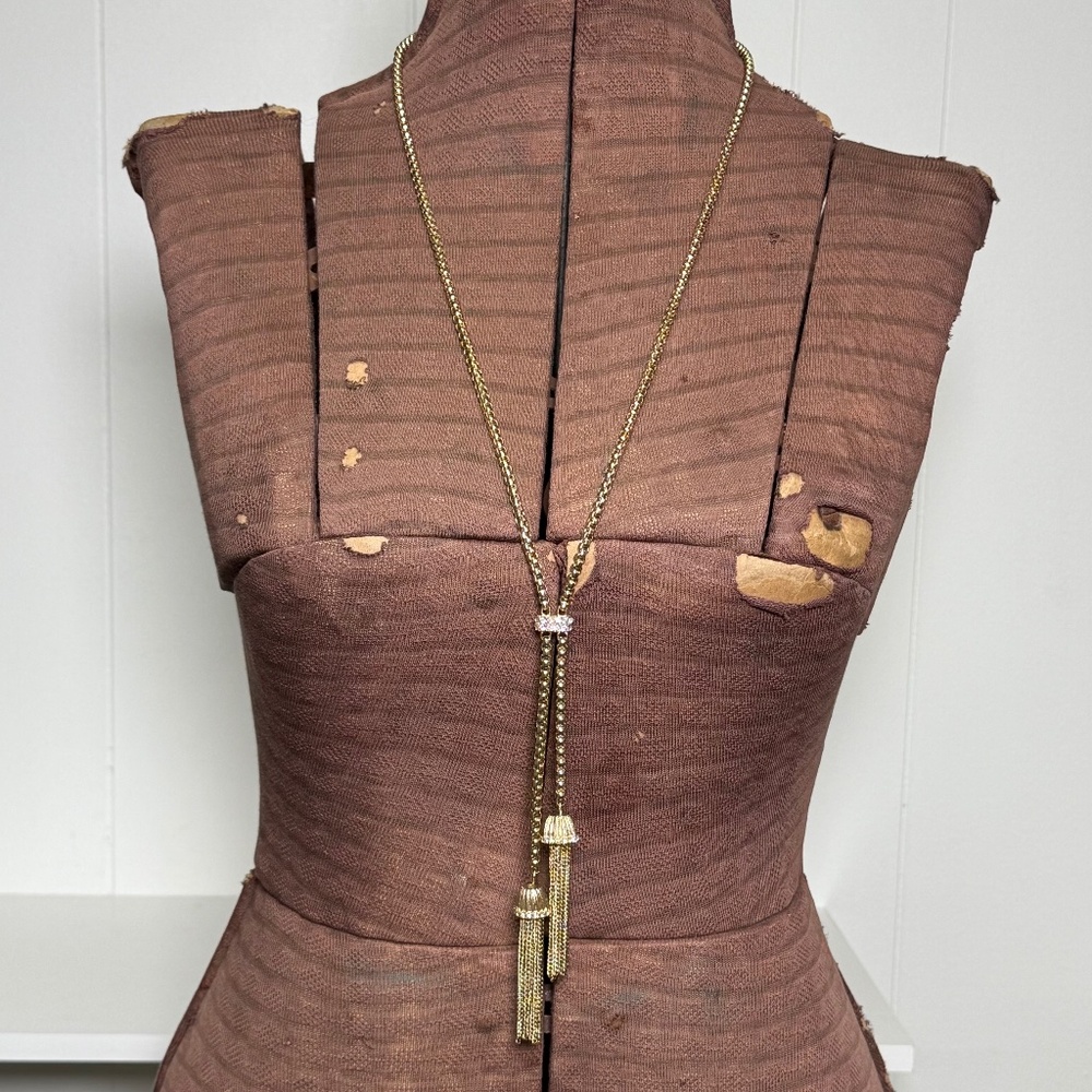 Vintage Goldtone Opera Length Tassel Necklace Rhinestone Accents